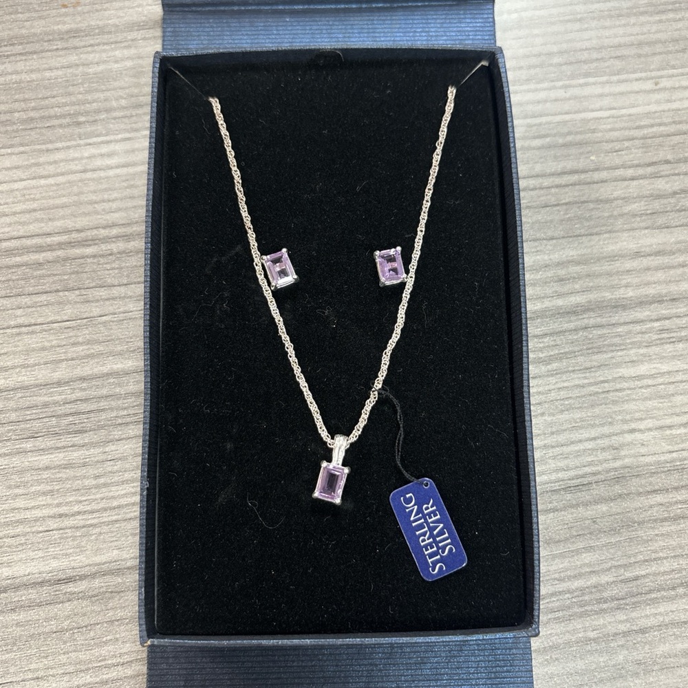 Sterling Silver Genuine Amethyst Necklace & Earring Set. Brand new in box!